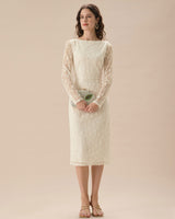Apricot Lace Boat Neck Long Sleeve Midi Dress - Threadford