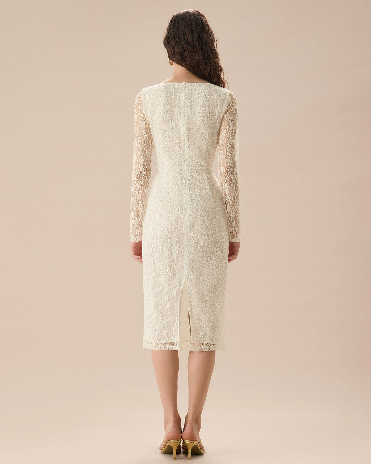 Apricot Lace Boat Neck Long Sleeve Midi Dress - Threadford