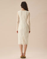 Apricot Lace Boat Neck Long Sleeve Midi Dress - Threadford