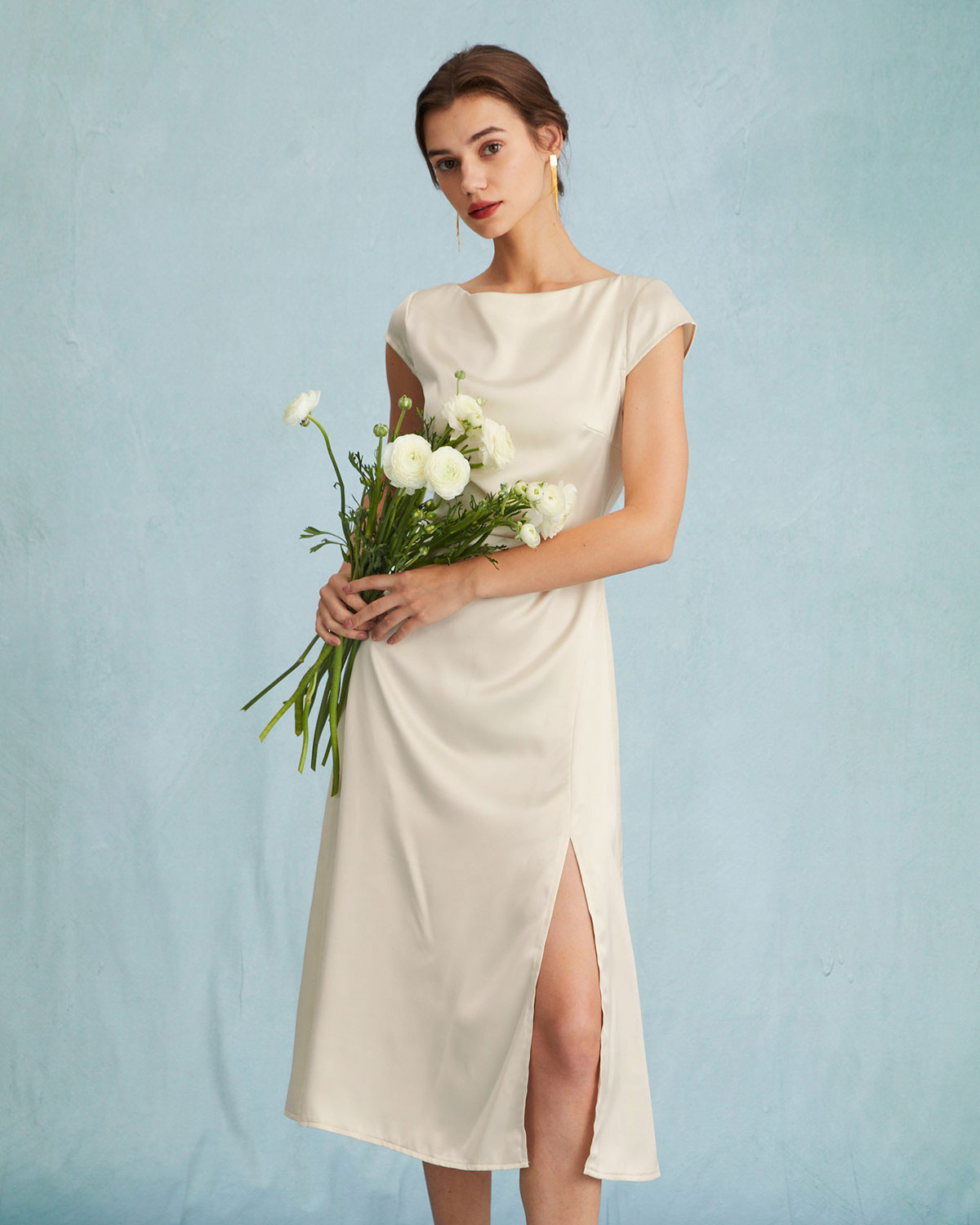 The Apricot Satin Cap Sleeve Sheath Slit Midi Dress - Threadford