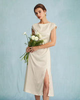 The Apricot Satin Cap Sleeve Sheath Slit Midi Dress - Threadford