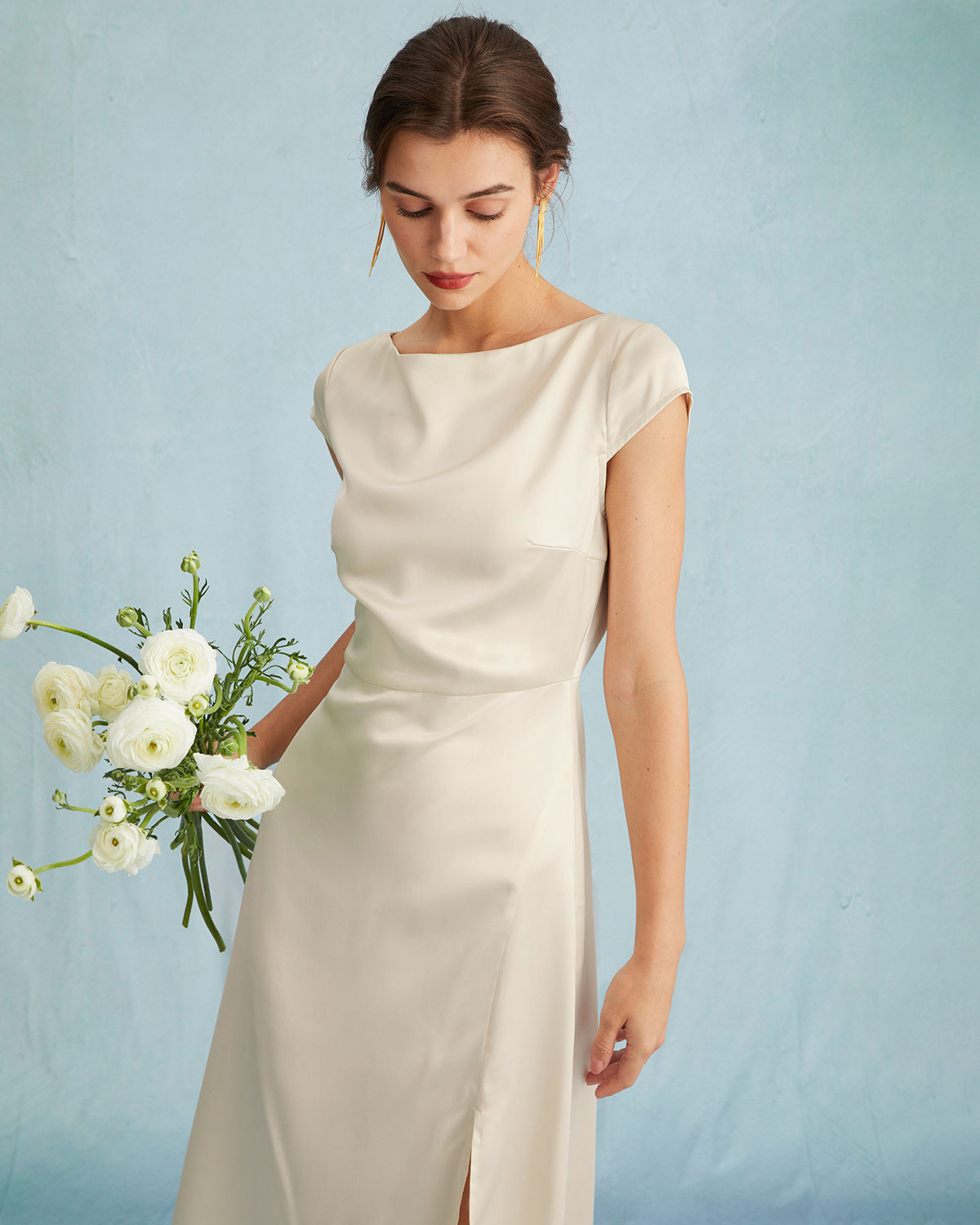 The Apricot Satin Cap Sleeve Sheath Slit Midi Dress - Threadford