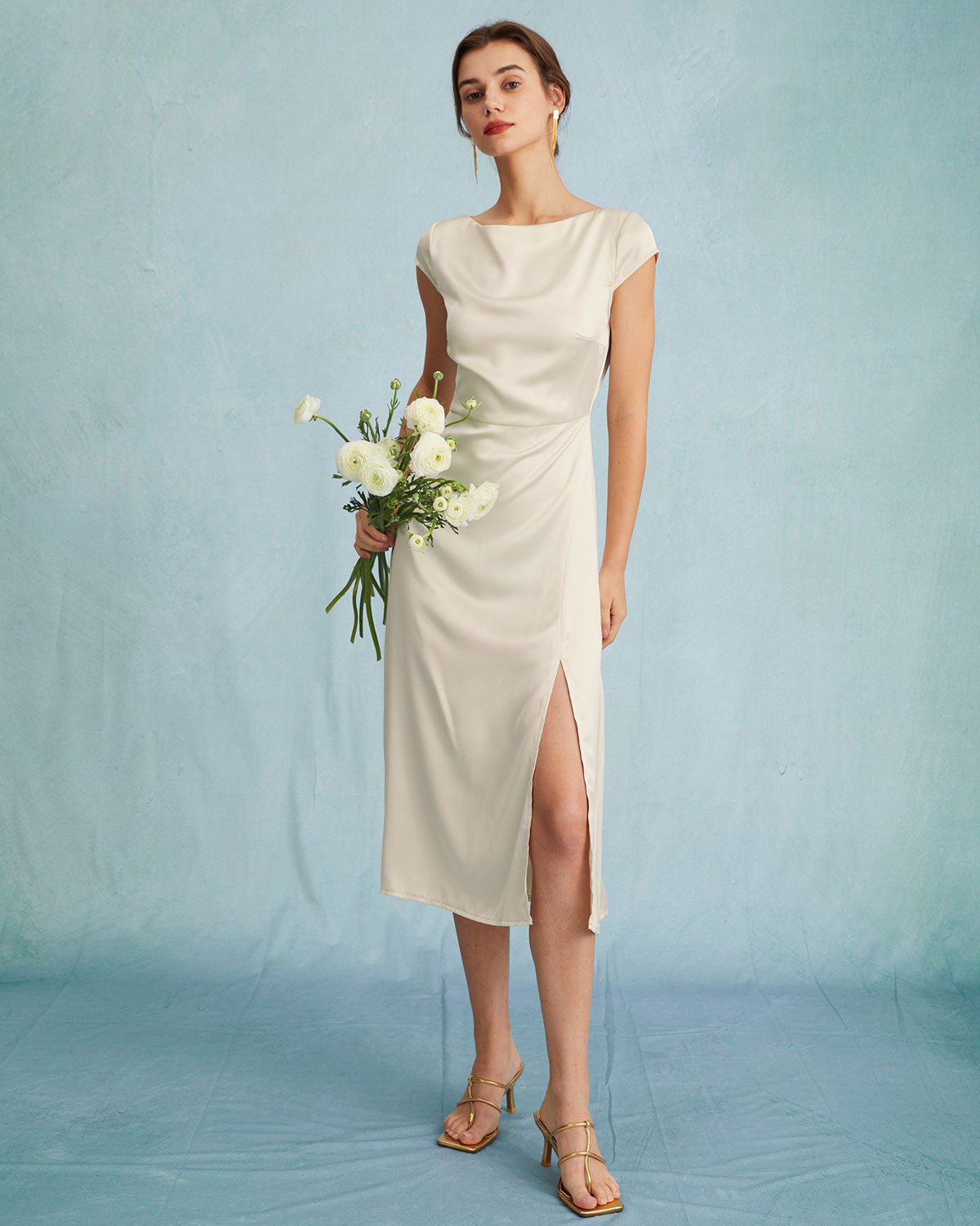 The Apricot Satin Cap Sleeve Sheath Slit Midi Dress - Threadford