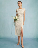 The Apricot Satin Cap Sleeve Sheath Slit Midi Dress - Threadford