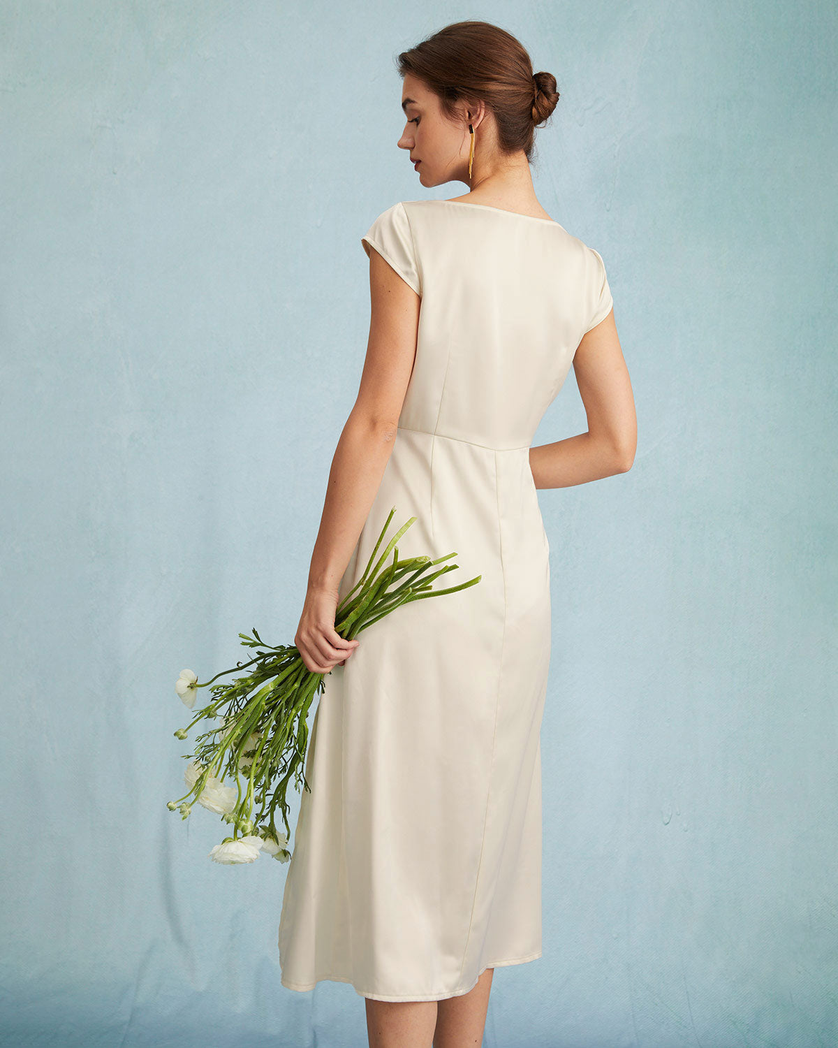 The Apricot Satin Cap Sleeve Sheath Slit Midi Dress - Threadford