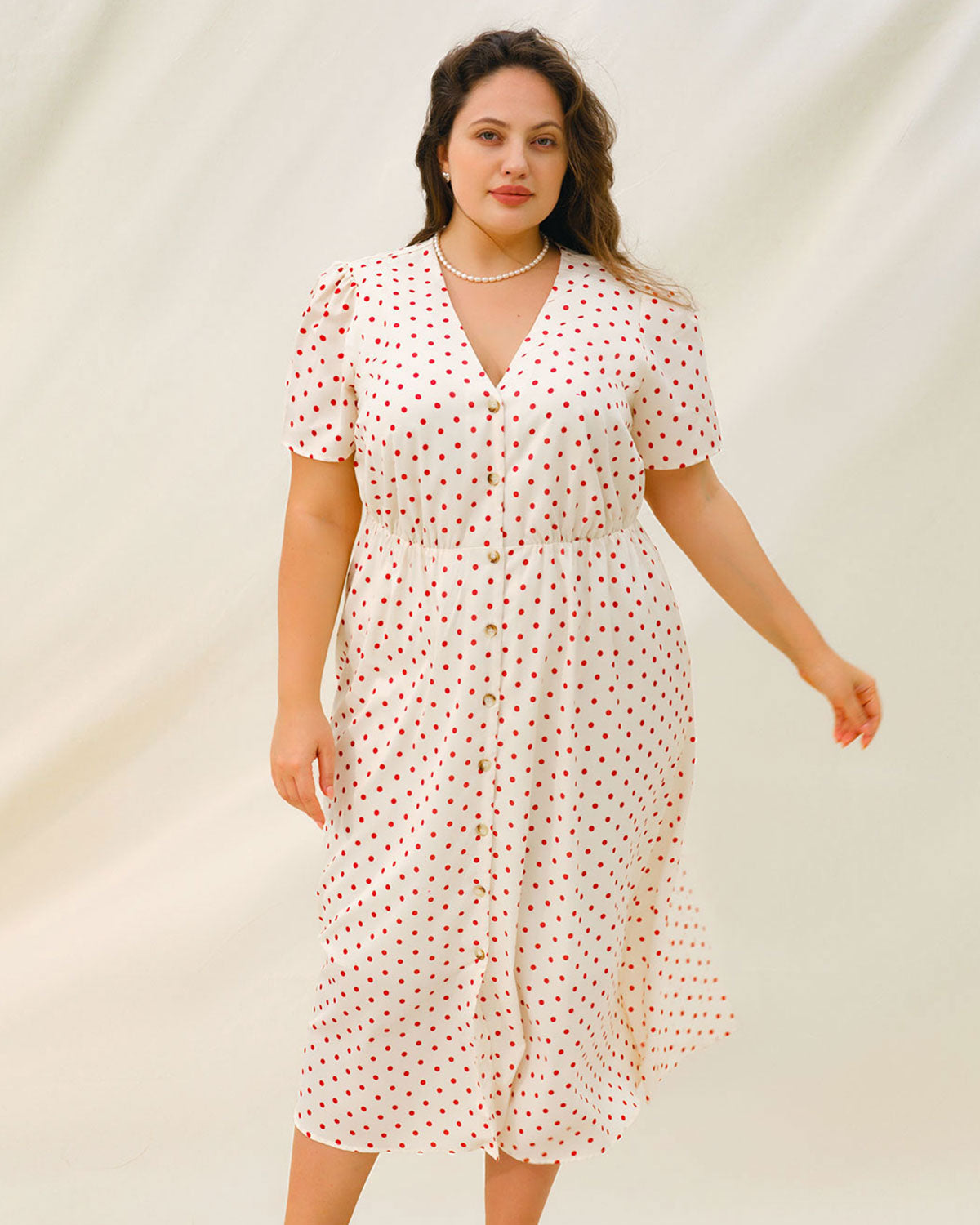 Beige Polka Dot Plus Size Midi Dress - Threadford