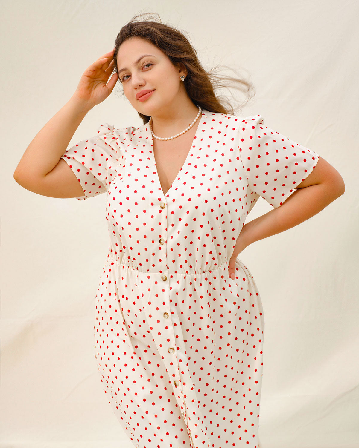 Beige Polka Dot Plus Size Midi Dress - Threadford