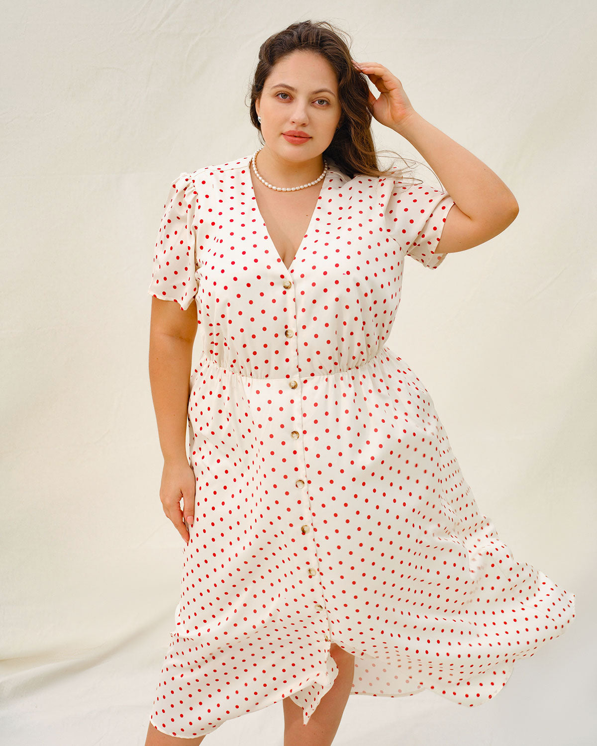 Beige Polka Dot Plus Size Midi Dress - Threadford