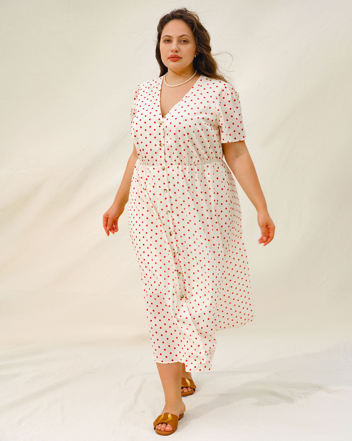Beige Polka Dot Plus Size Midi Dress - Threadford