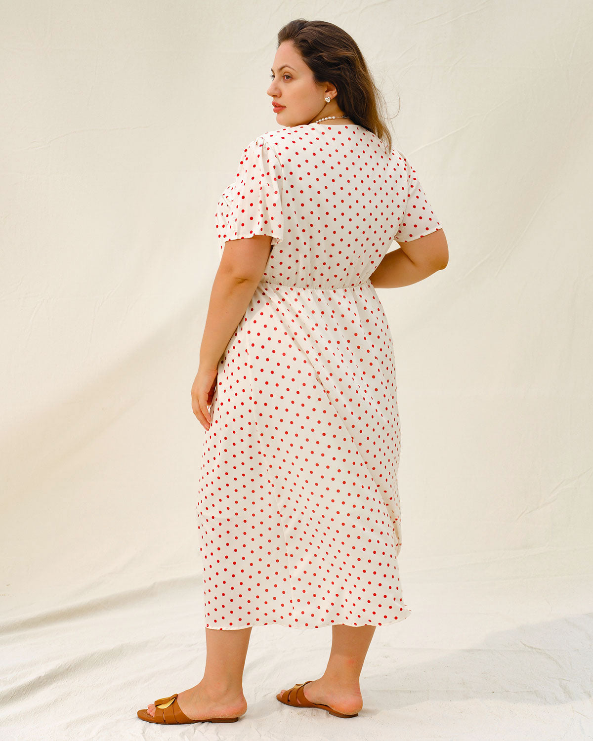 Beige Polka Dot Plus Size Midi Dress - Threadford