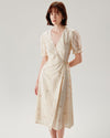 Beige Embroidery Puffed Sleeve Wrap Midi Dress - Threadford