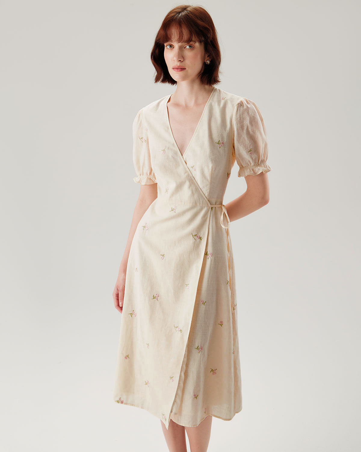 Beige Embroidery Puffed Sleeve Wrap Midi Dress - Threadford