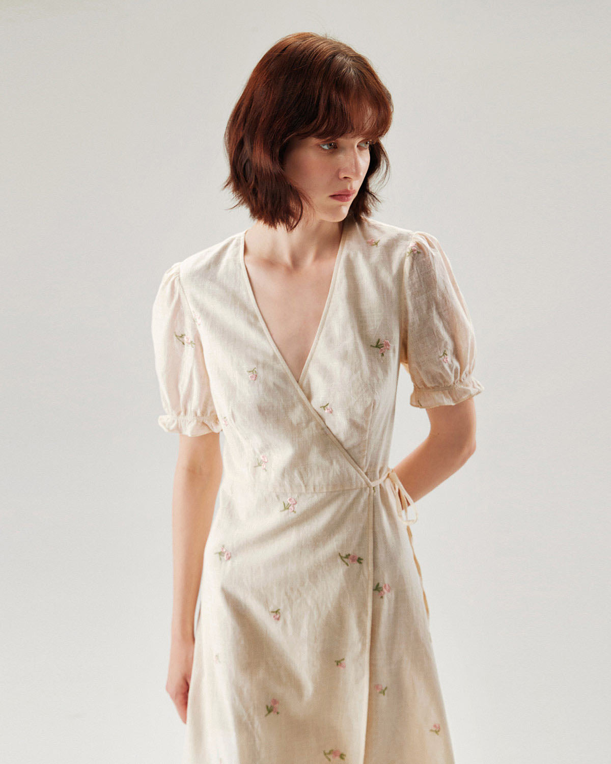 Beige Embroidery Puffed Sleeve Wrap Midi Dress - Threadford