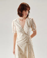 Beige Embroidery Puffed Sleeve Wrap Midi Dress - Threadford