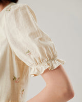 Beige Embroidery Puffed Sleeve Wrap Midi Dress - Threadford