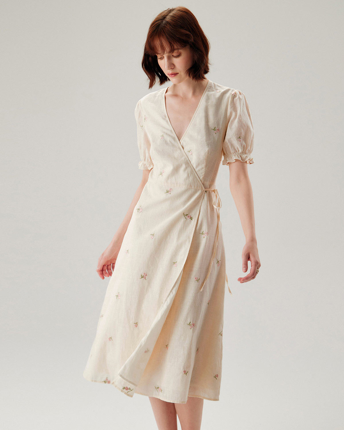 Beige Embroidery Puffed Sleeve Wrap Midi Dress - Threadford