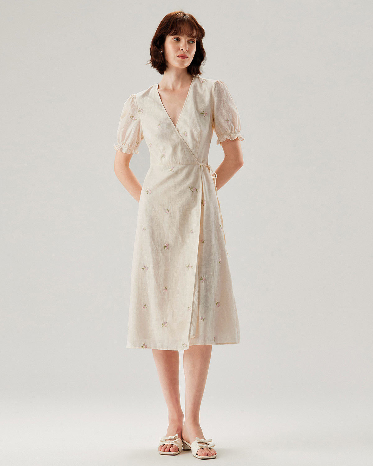 Beige Embroidery Puffed Sleeve Wrap Midi Dress - Threadford