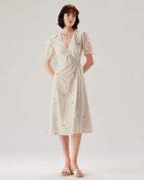 Beige Embroidery Puffed Sleeve Wrap Midi Dress - Threadford