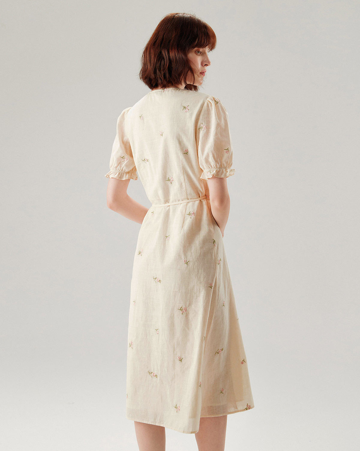 Beige Embroidery Puffed Sleeve Wrap Midi Dress - Threadford