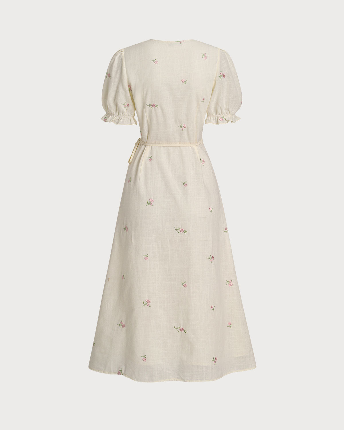 Beige Embroidery Puffed Sleeve Wrap Midi Dress - Threadford