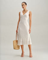 Beige Polka Dot V-Neck Midi Dress - Threadford
