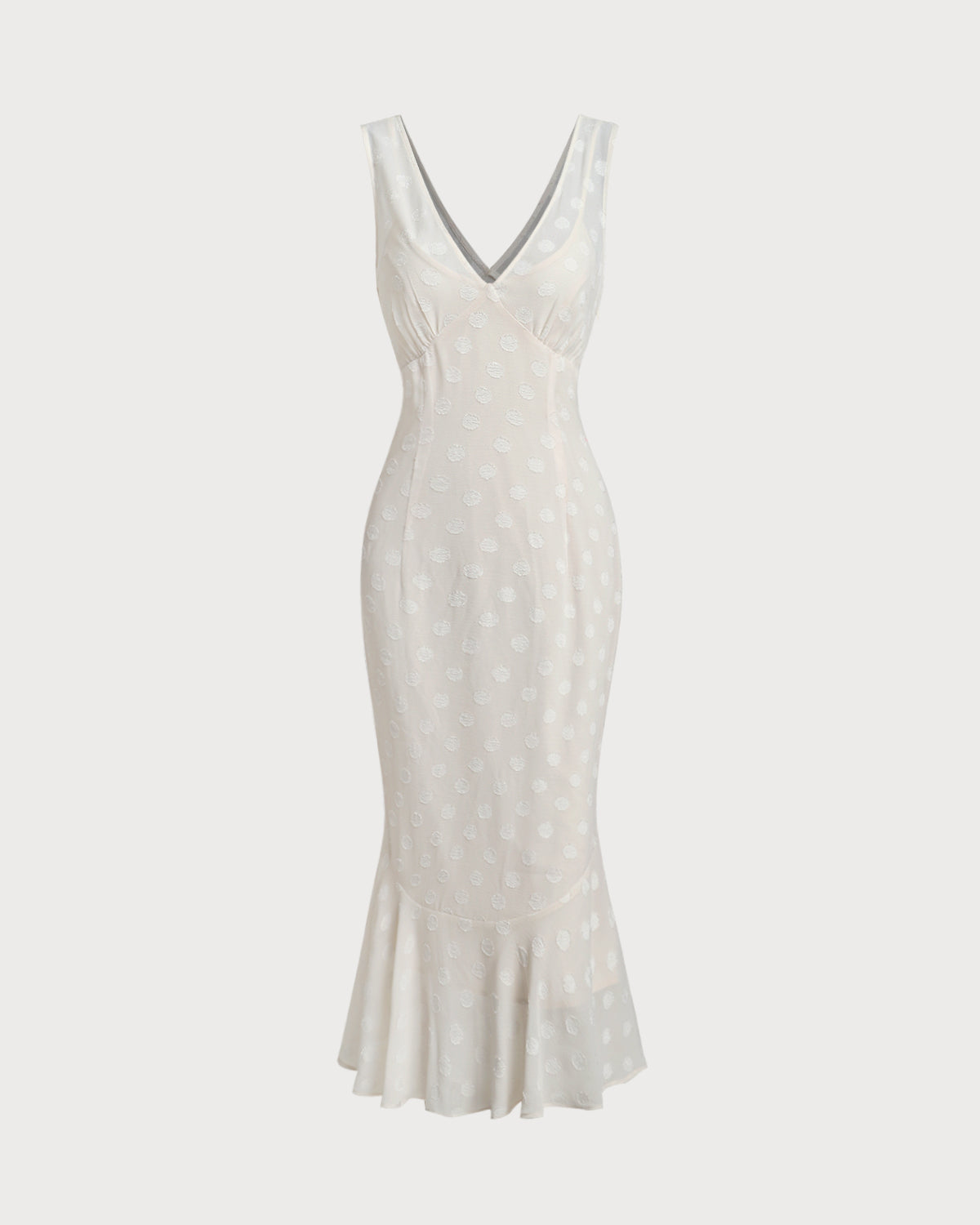 Beige Polka Dot V-Neck Midi Dress - Threadford