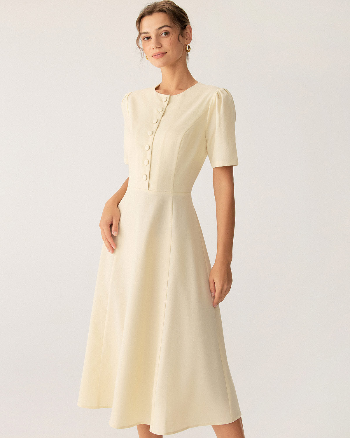 Beige Puffed Sleeve Button Midi Dress - Threadford