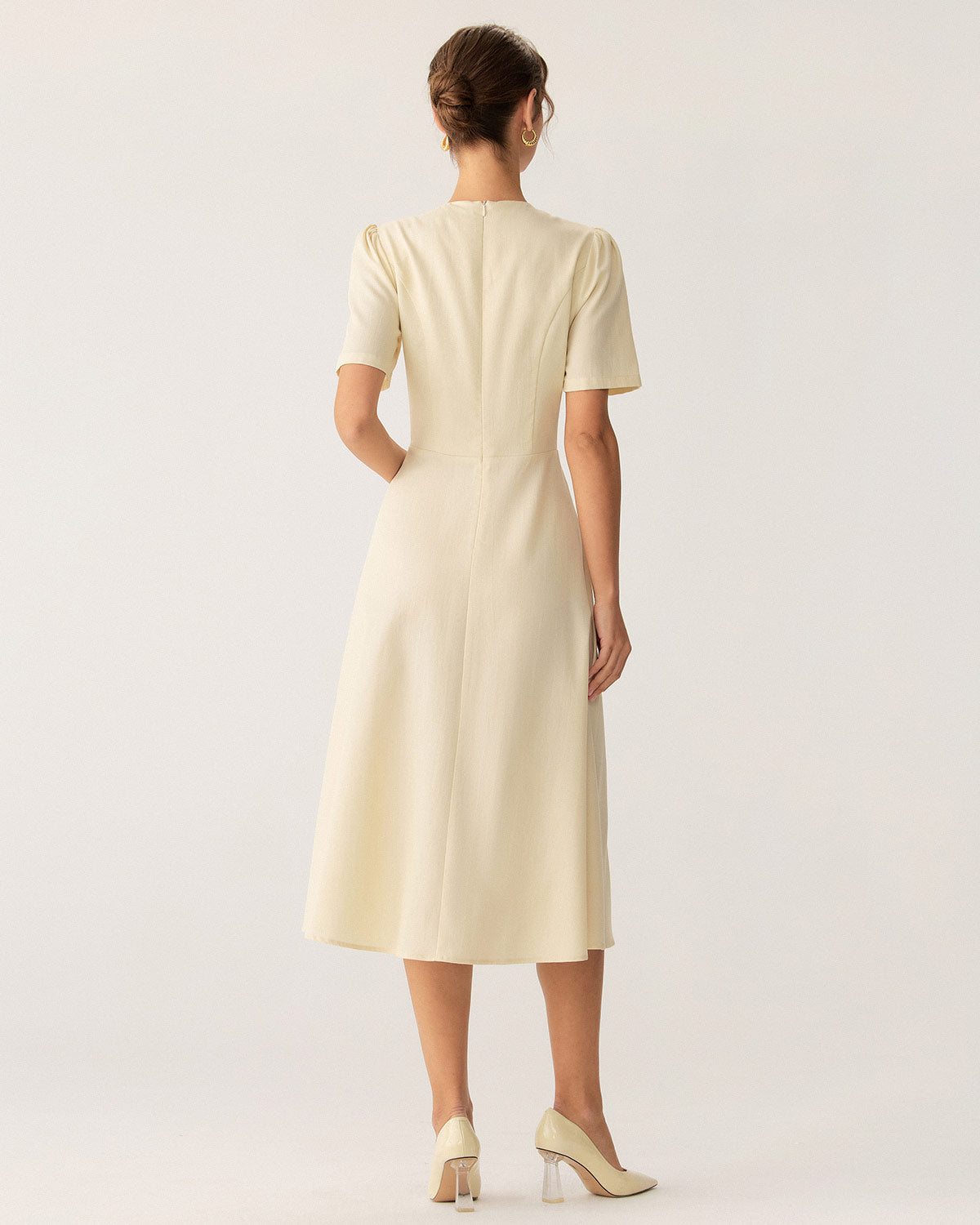 Beige Puffed Sleeve Button Midi Dress - Threadford