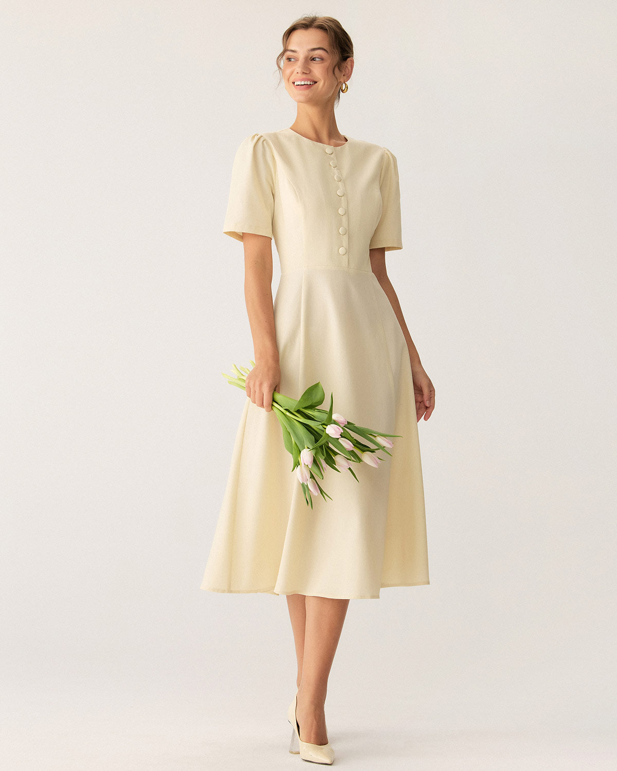 Beige Puffed Sleeve Button Midi Dress - Threadford