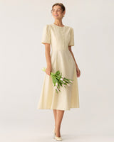 Beige Puffed Sleeve Button Midi Dress - Threadford