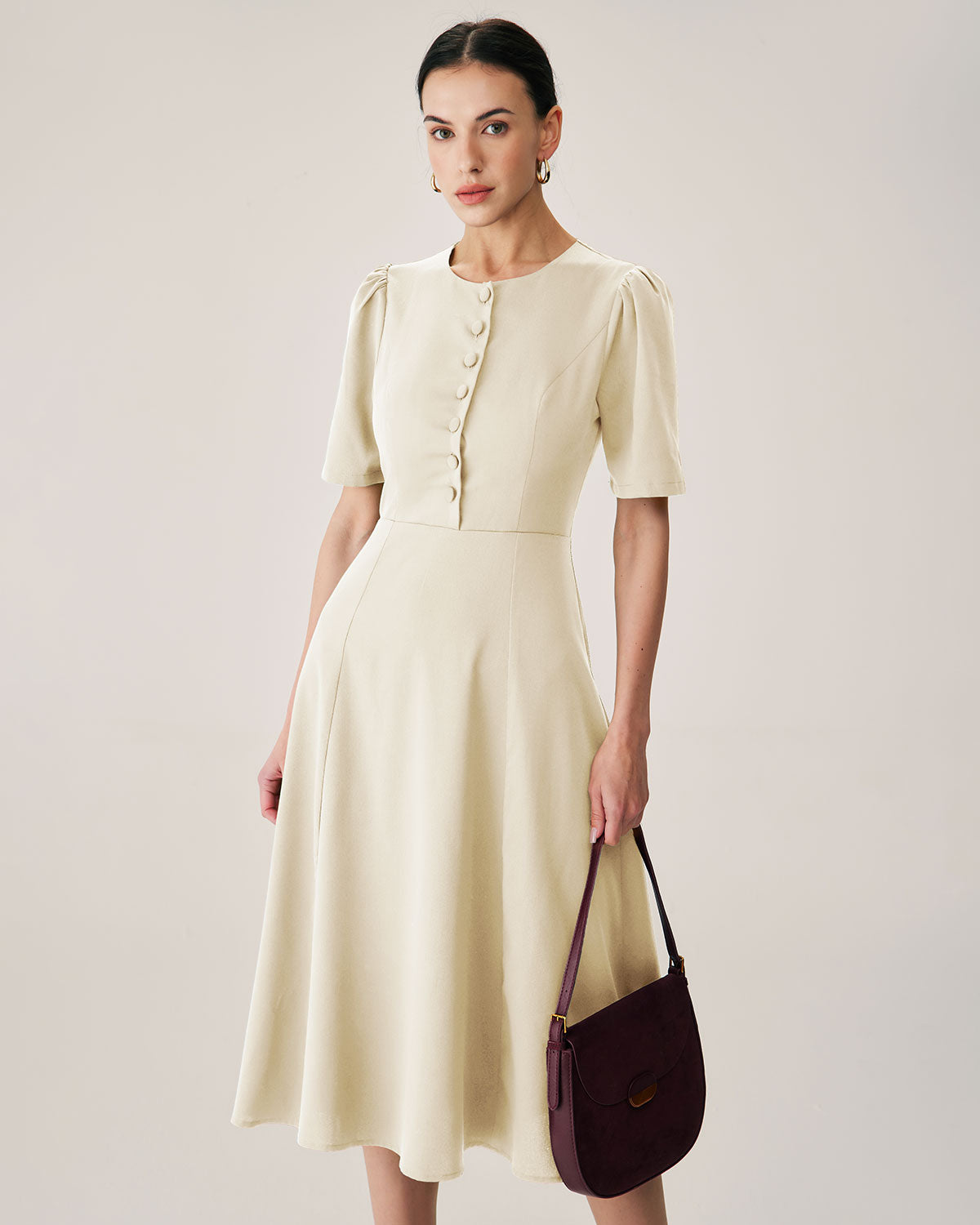 Beige Puffed Sleeve Button Midi Dress - Threadford