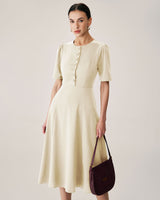 Beige Puffed Sleeve Button Midi Dress - Threadford