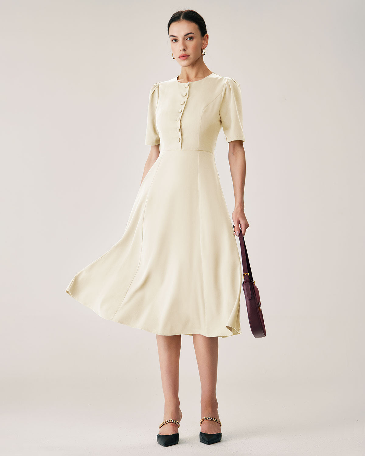 Beige Puffed Sleeve Button Midi Dress - Threadford