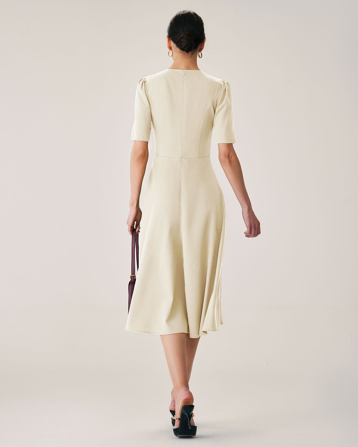 Beige Puffed Sleeve Button Midi Dress - Threadford