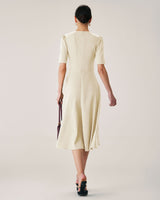 Beige Puffed Sleeve Button Midi Dress - Threadford