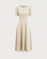 Beige Puffed Sleeve Button Midi Dress - Threadford