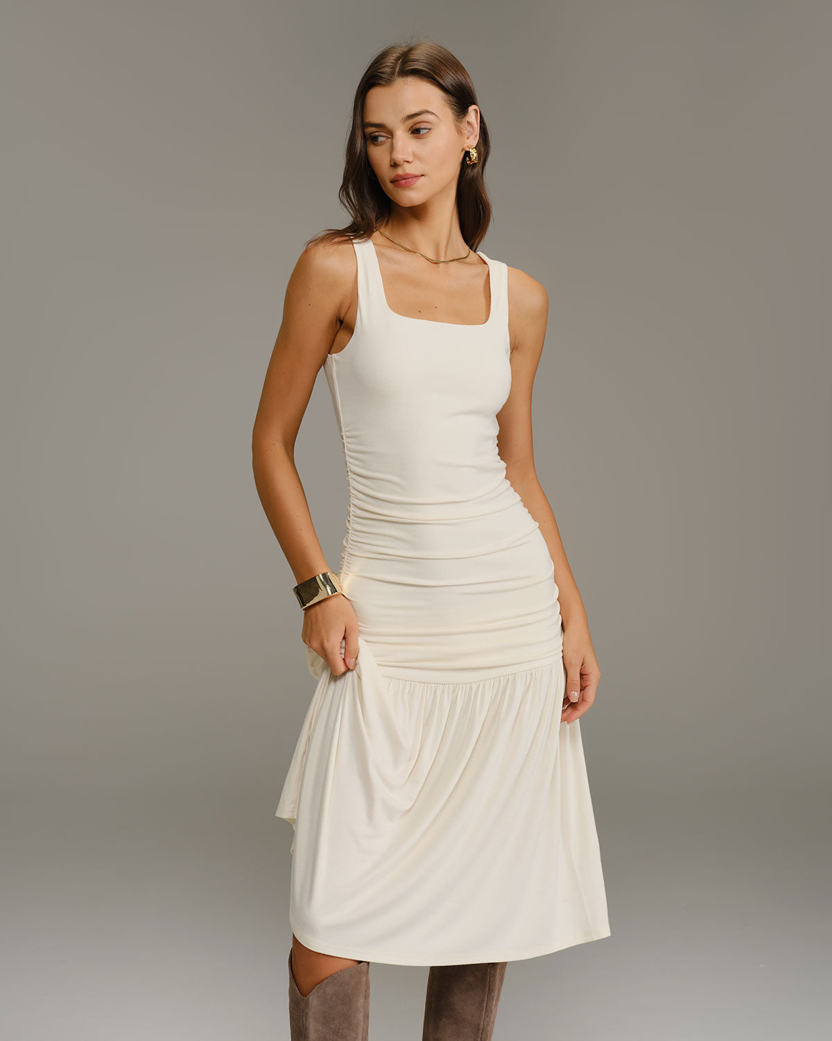 Beige Ruched A-Line Slip Midi Dress - Threadford