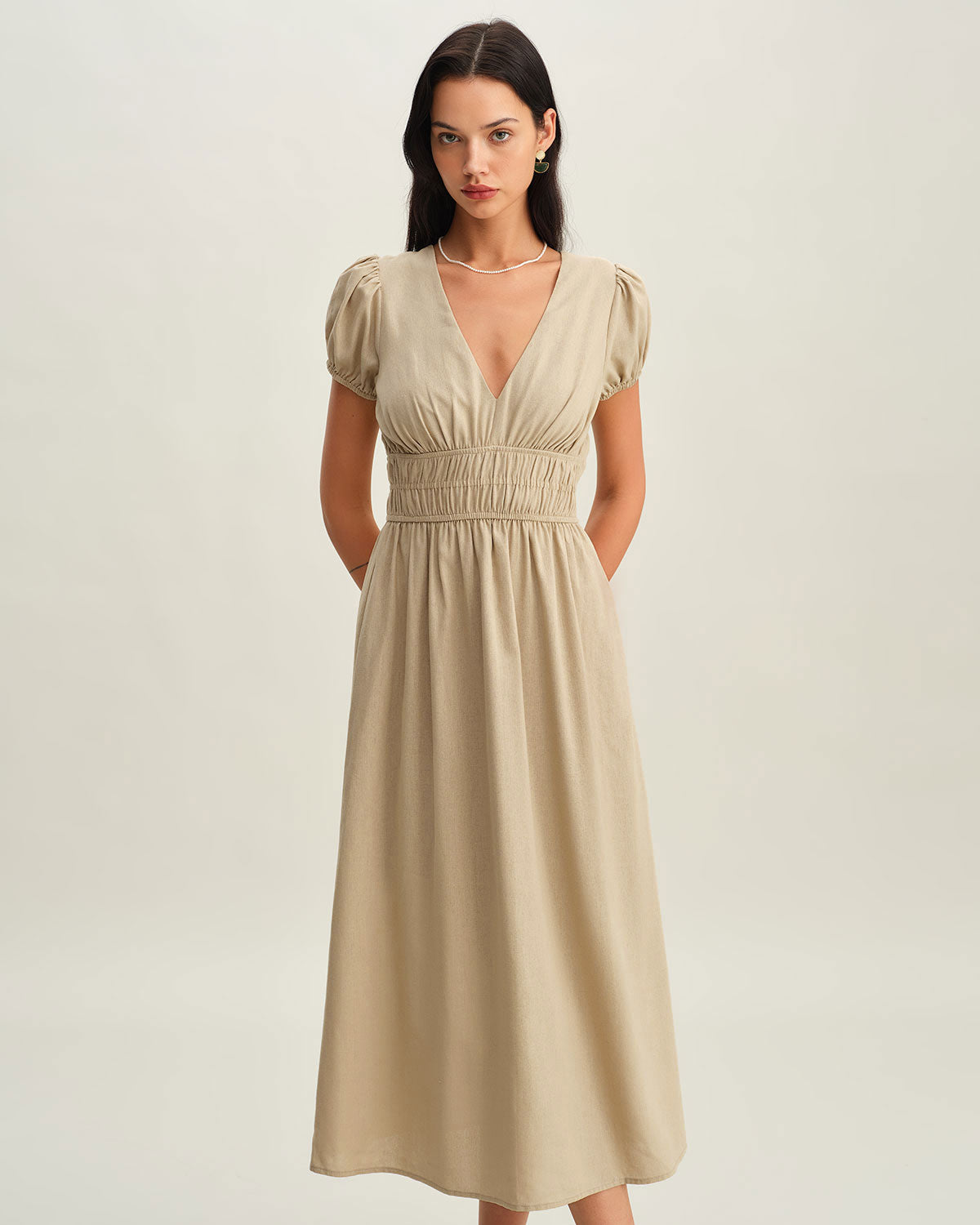 Beige Ruched Puffed Sleeve Midi Dress - Threadford