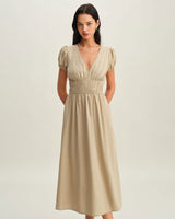 Beige Ruched Puffed Sleeve Midi Dress - Threadford