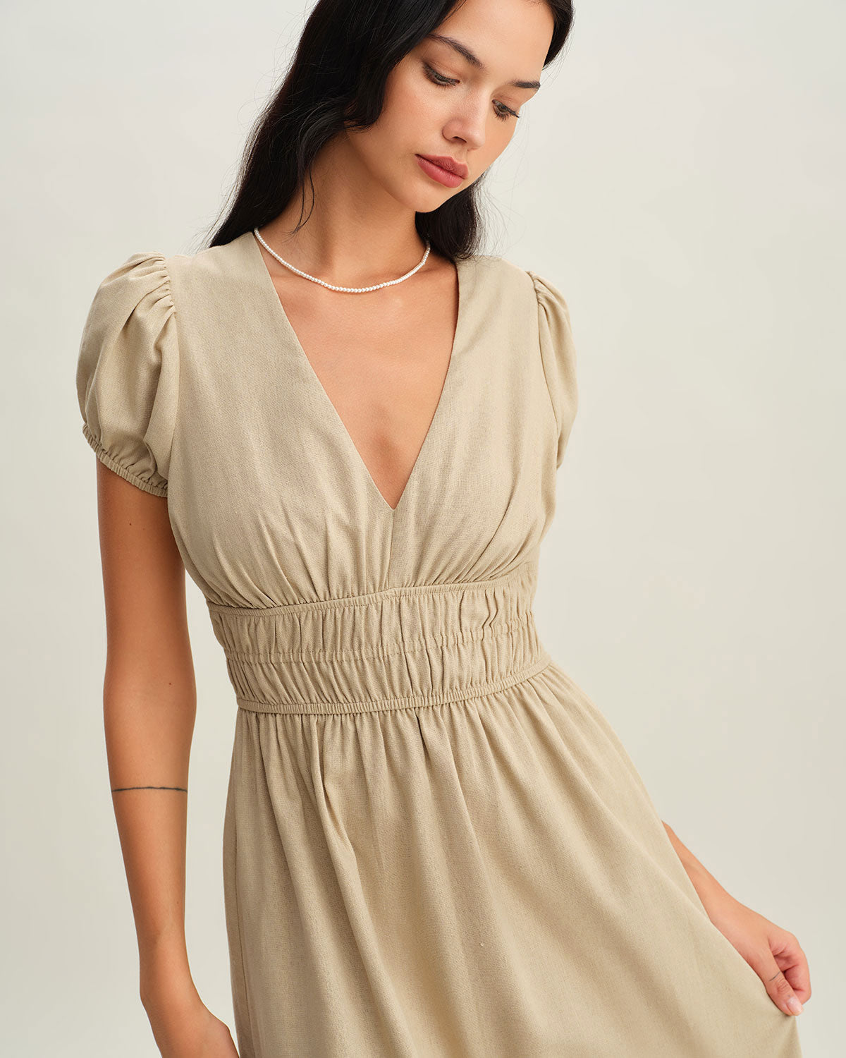 Beige Ruched Puffed Sleeve Midi Dress - Threadford