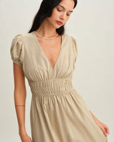 Beige Ruched Puffed Sleeve Midi Dress - Threadford
