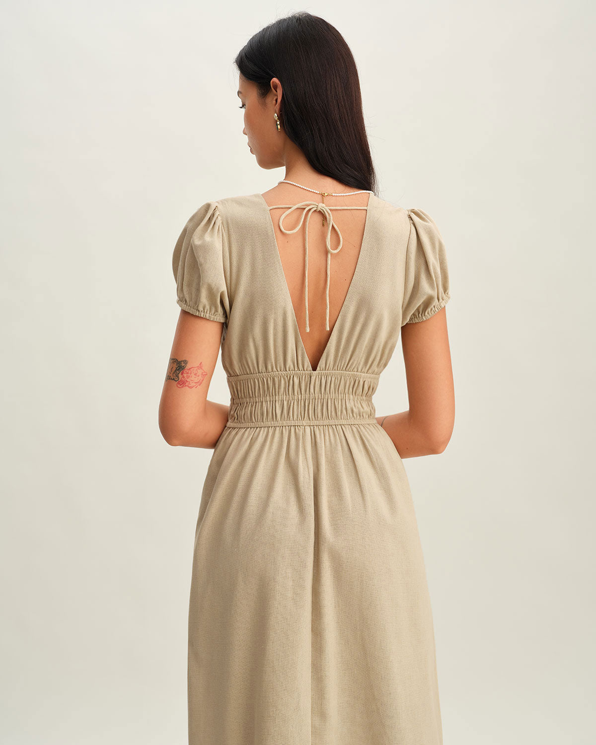 Beige Ruched Puffed Sleeve Midi Dress - Threadford