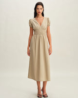 Beige Ruched Puffed Sleeve Midi Dress - Threadford