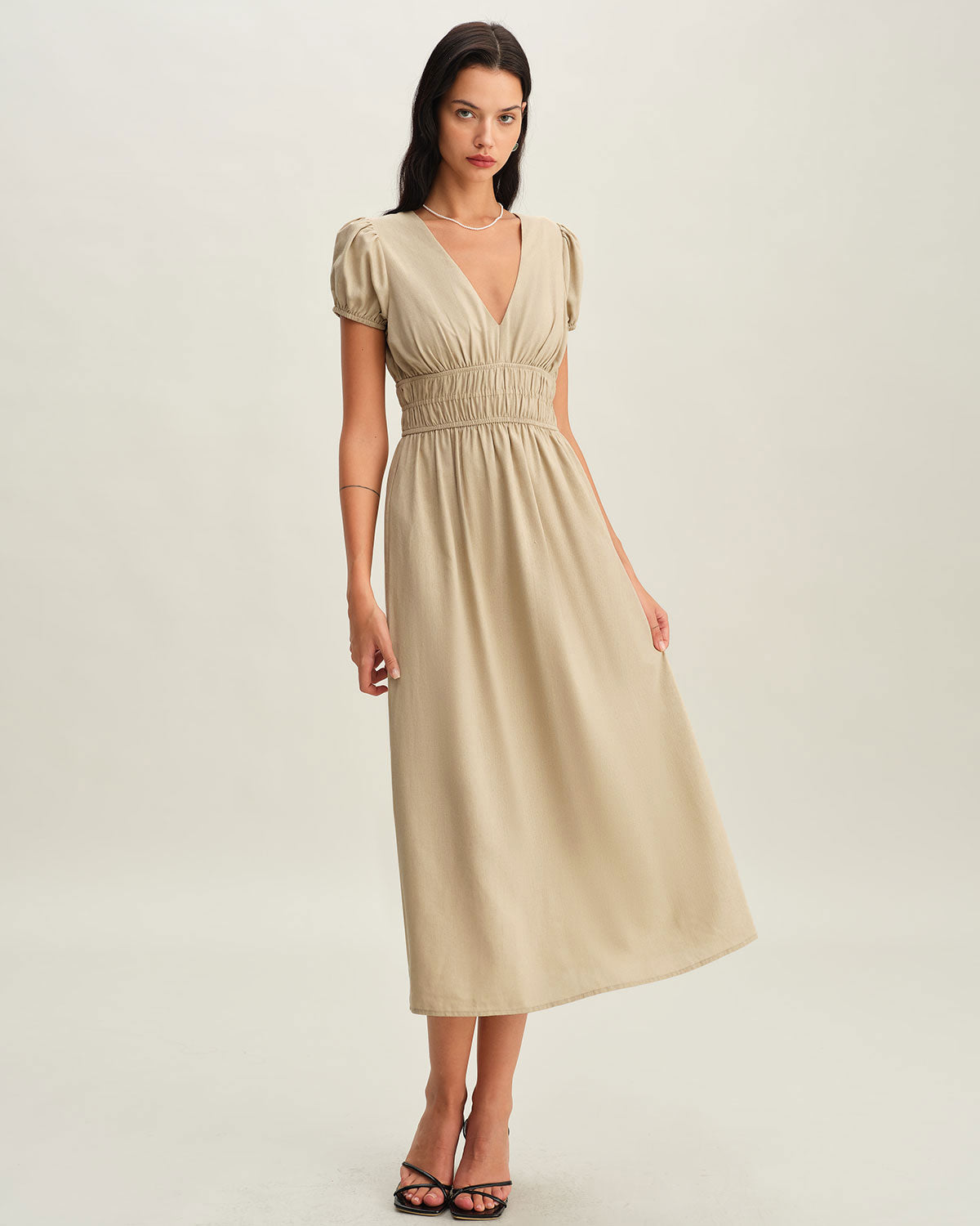 Beige Ruched Puffed Sleeve Midi Dress - Threadford