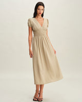 Beige Ruched Puffed Sleeve Midi Dress - Threadford