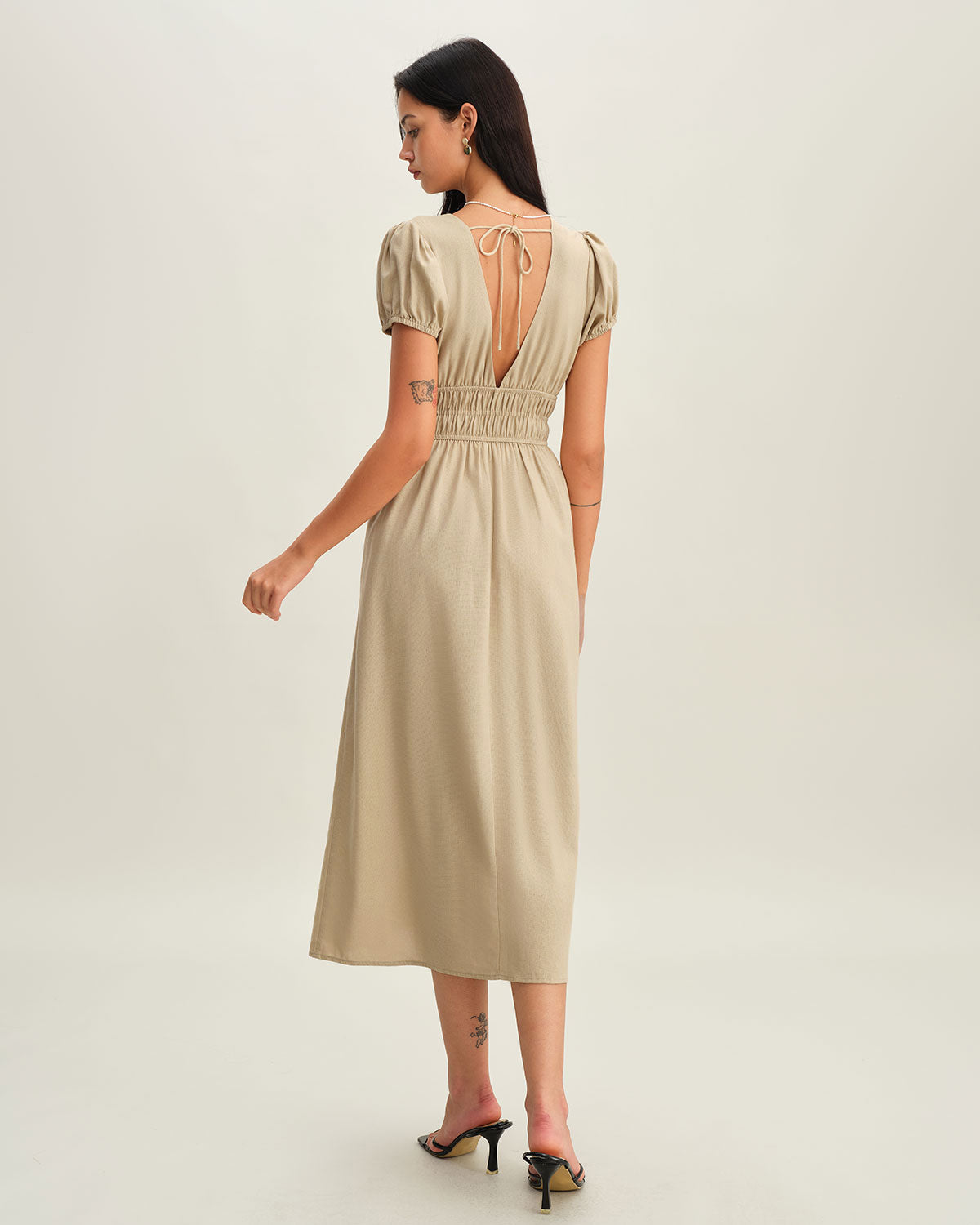 Beige Ruched Puffed Sleeve Midi Dress - Threadford