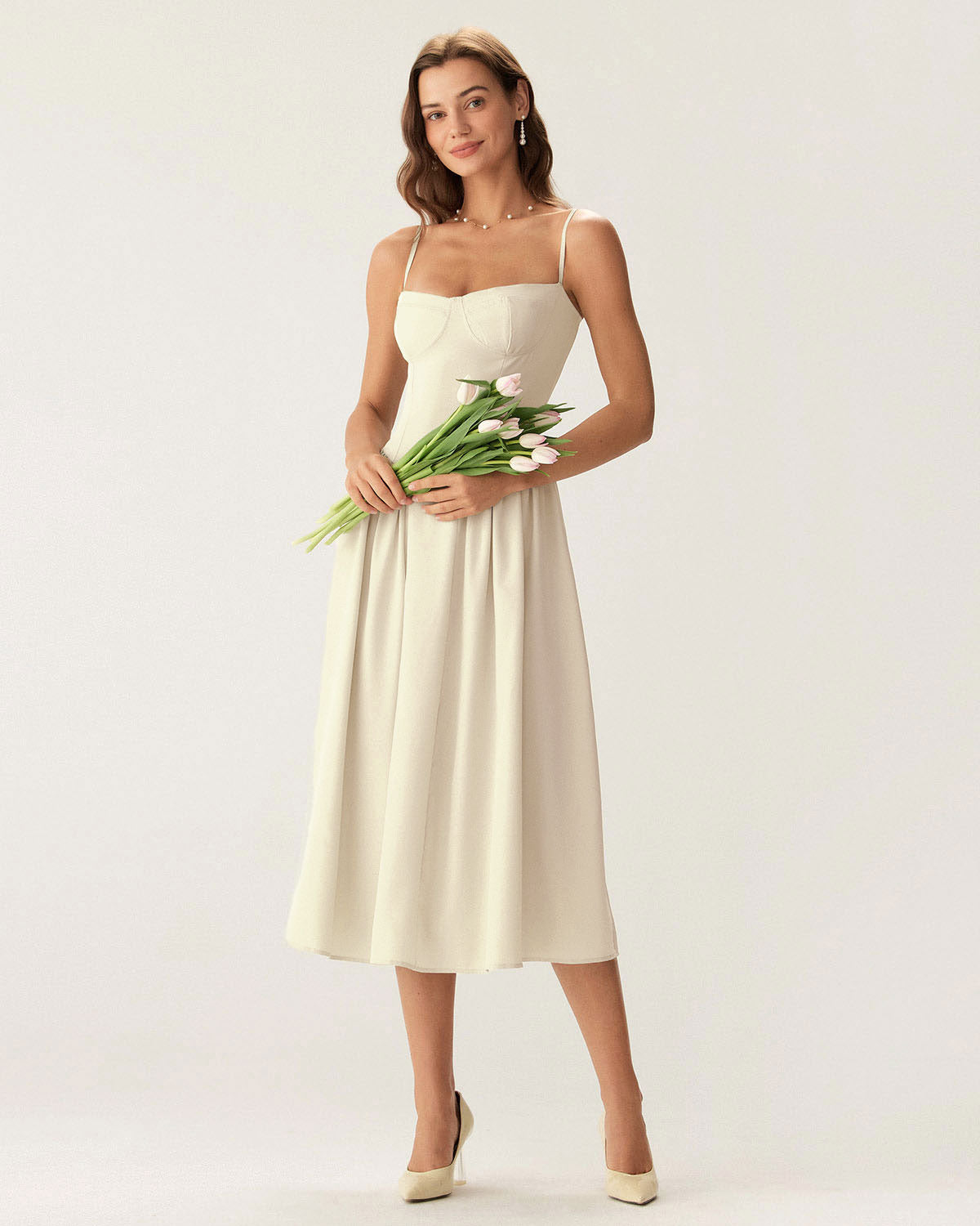 Beige Square Neck Pocket Slip Midi Dress - Threadford
