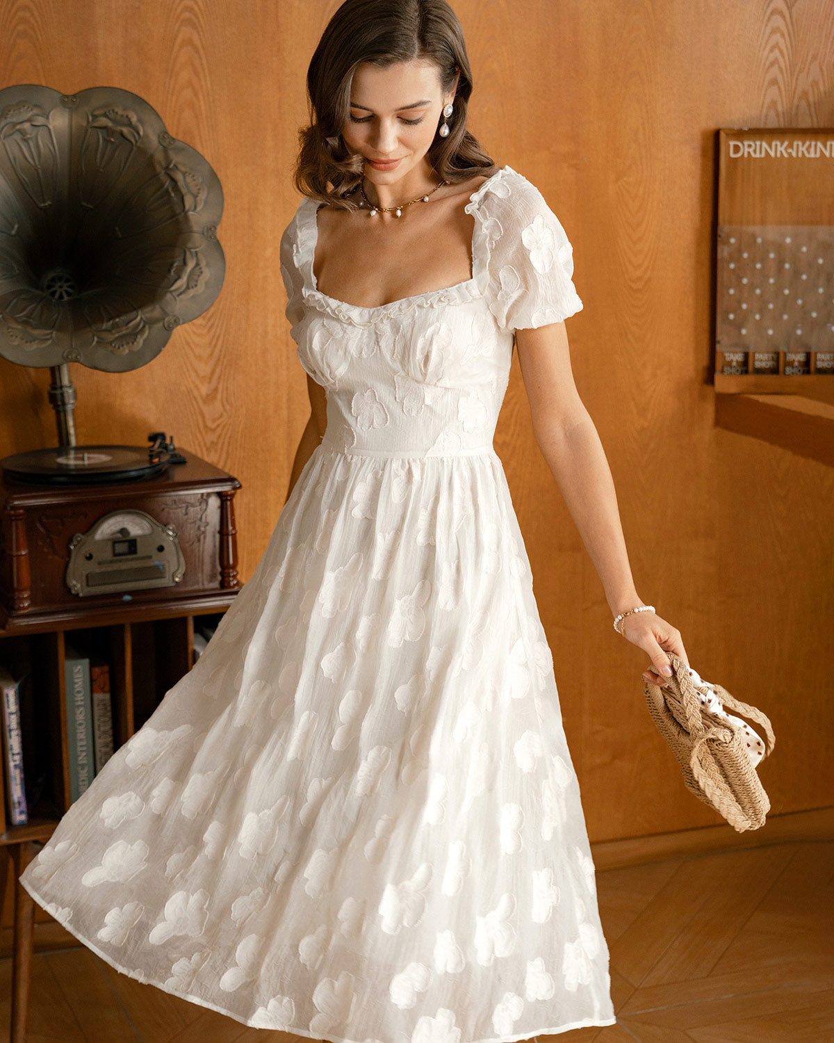 Beige Square Neck Puffed Sleeve Midi Dress - Threadford