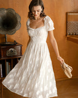 Beige Square Neck Puffed Sleeve Midi Dress - Threadford