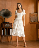 Beige Square Neck Puffed Sleeve Midi Dress - Threadford